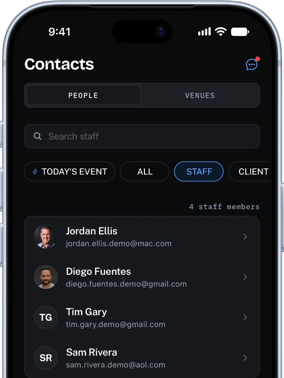 The Contacts screen filtered to Staff, showing crew members with their contact details.